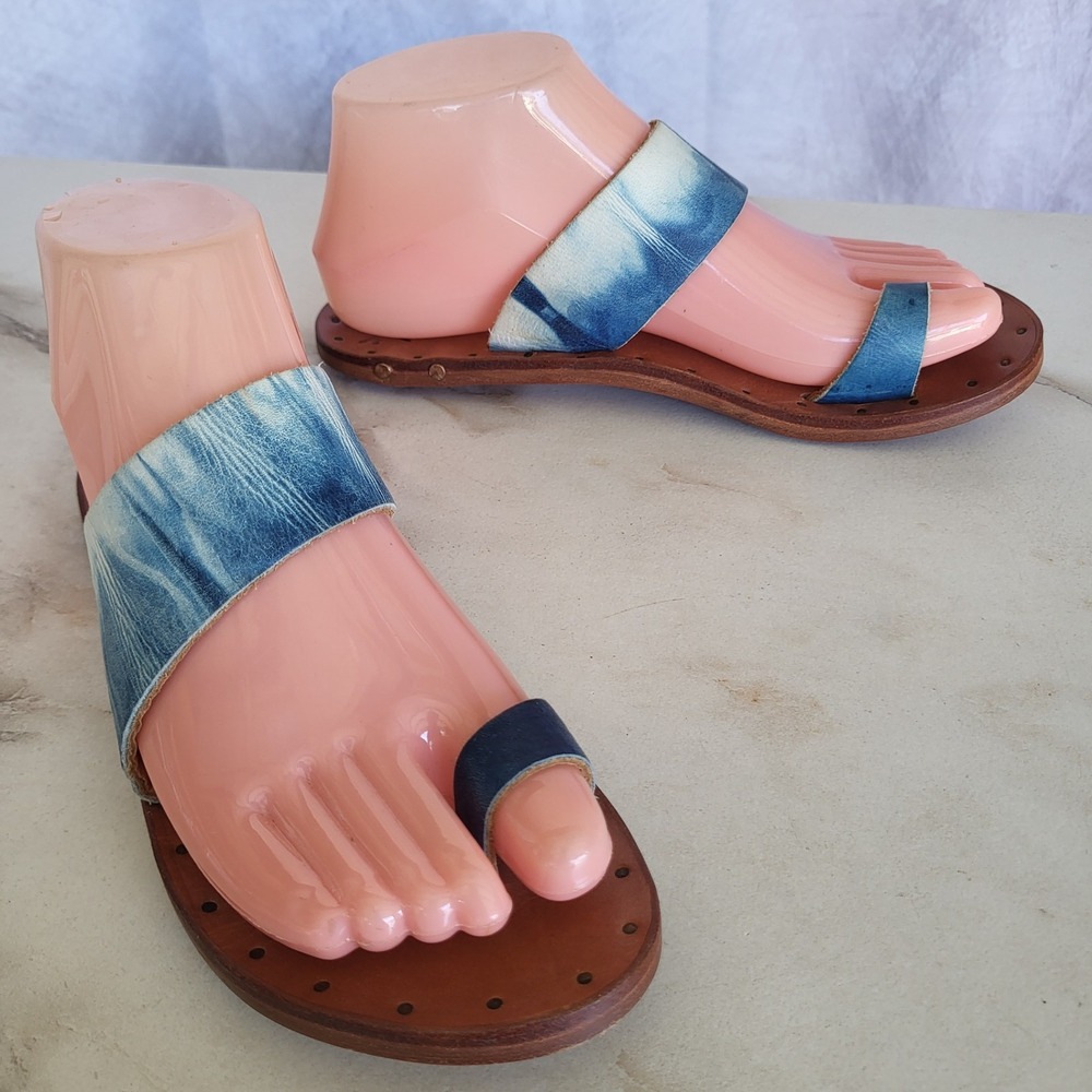 Beek Finch Indigo Stripe Toe Ring Leather Sandals Size 6 Women's